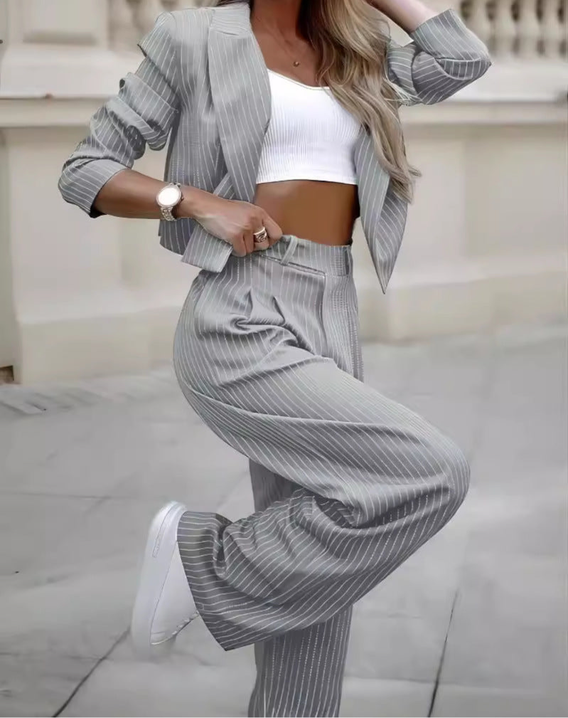 Striped Suits Casual Lapel Long Sleeve Cropped Top And Straight Pants