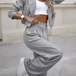 Striped Suits Casual Lapel Long Sleeve Cropped Top And Straight Pants