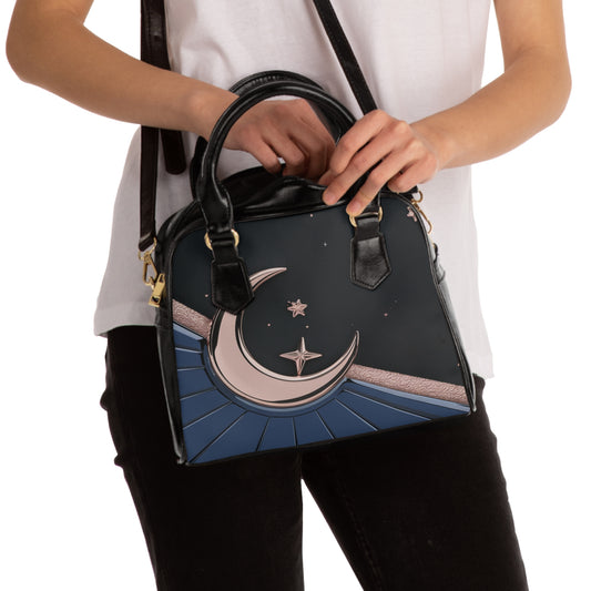 Elegant Minimalist Shoulder Handbag - Elegant Faux Leather Bag with Metallic Rose Gold Accents Galaxy Print Purse,  Constellation Design