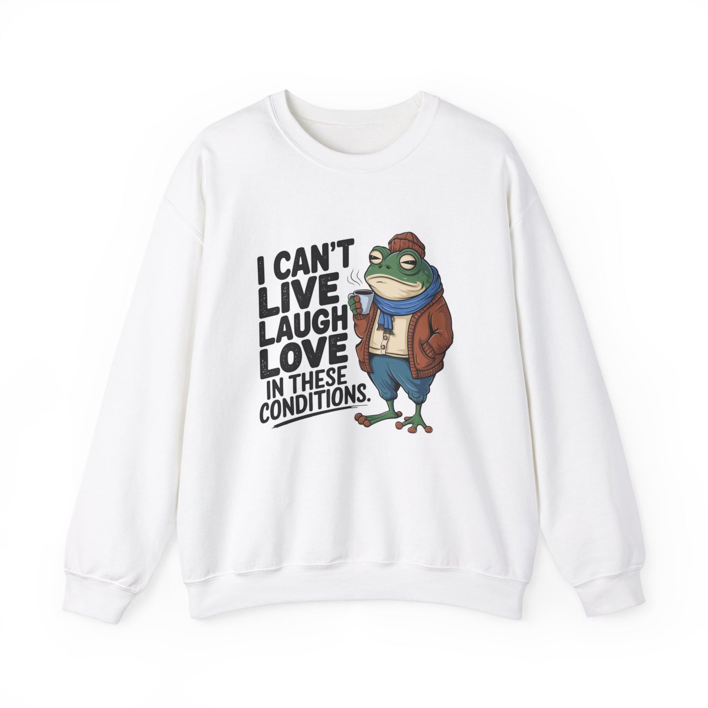 Funny Sarcastic Sweatshirt for Gen Z - I Can't Live, Laugh, Love in These Conditions Pullover