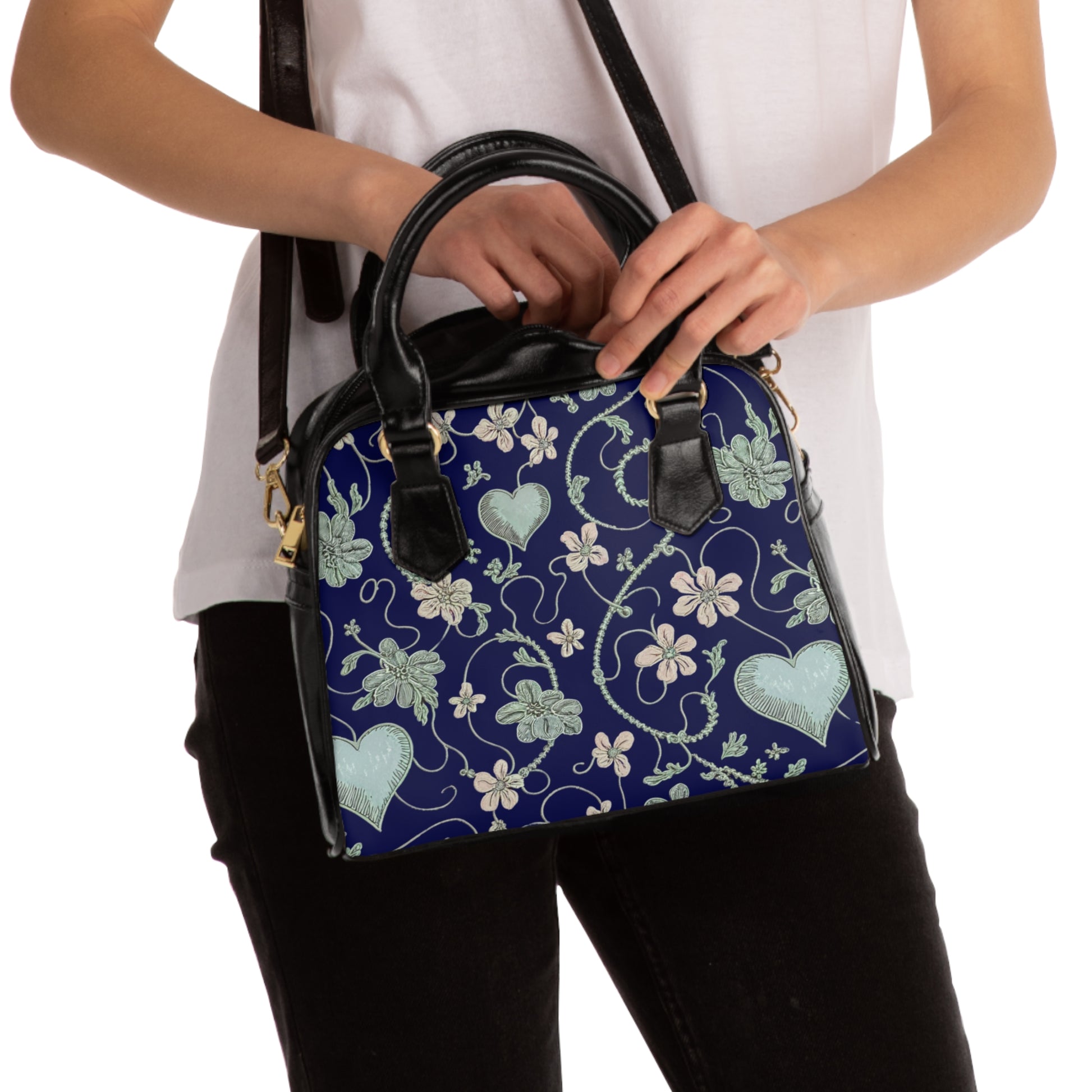 Floral Heart Print Tote Bag - Stylish Navy Shoulder Handbag for Women, Chic Fashion Satchel - G-NIA BOUTIQUE