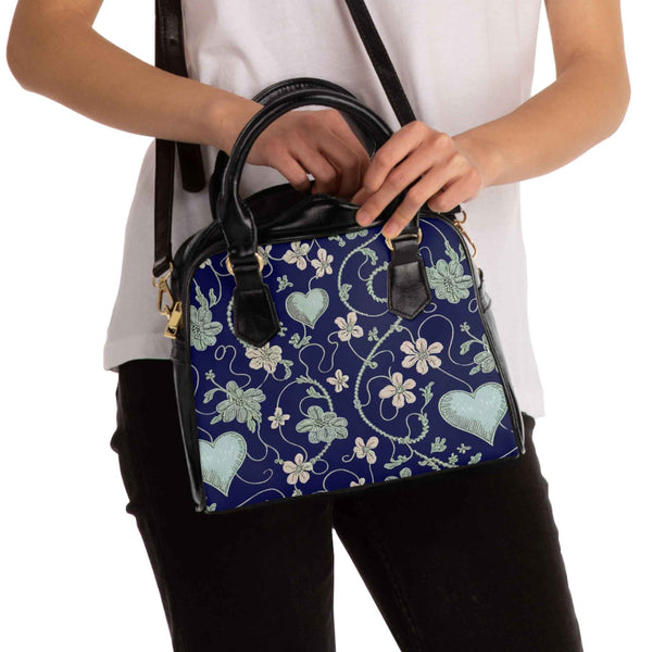 Floral Heart Print Tote Bag - Stylish Navy Shoulder Handbag for Women, Chic Fashion Satchel