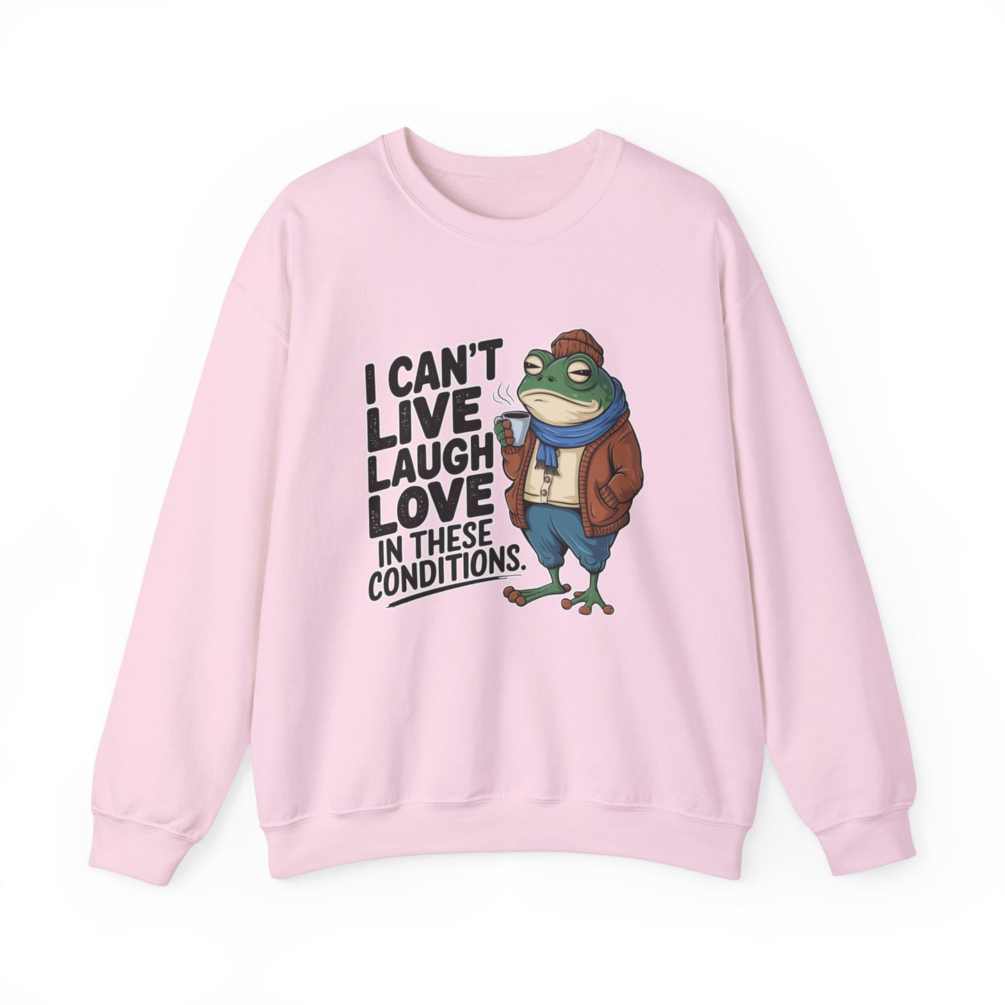 Funny Sarcastic Sweatshirt for Gen Z - I Can't Live, Laugh, Love in These Conditions Pullover