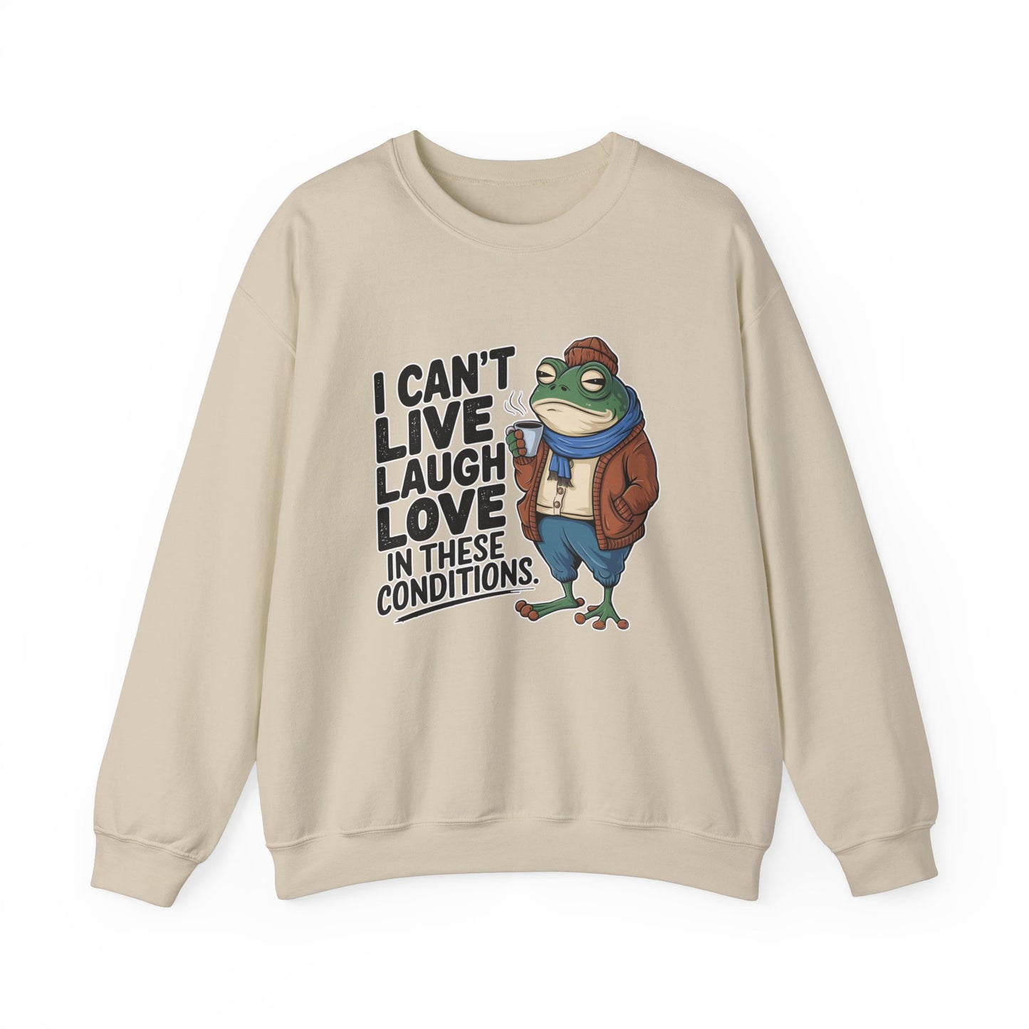 Funny Sarcastic Sweatshirt for Gen Z - I Can't Live, Laugh, Love in These Conditions Pullover