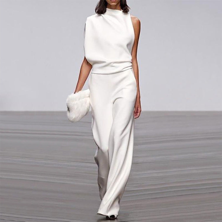 | One-shoulder jumpsuit | Asymmetrical collar outfit | Stylish evening jumpsuit | Women's modern jumpsuit | Pile collar romper | Elegant one-shoulder look | Trendy women's jumpsuit |
