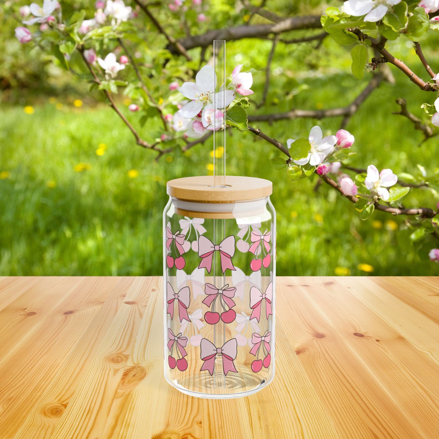 Coquette Cherry Cute Glass Tumbler with Straw and Lid - Beer Can Iced Coffee Glass Cup