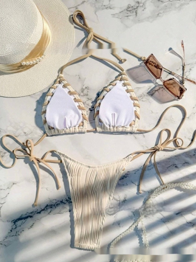 Texture Split Lace-up Swimsuit Small Chest Push Up