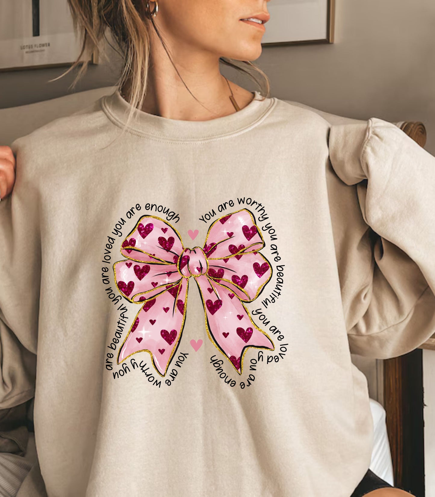 Valentine's Self-Love Sweatshirt - You Are Worthy Coquette Bow Unisex Crewneck Jumper, Eco-Friendly Valentine's Day Gift - G-NIA BOUTIQUE