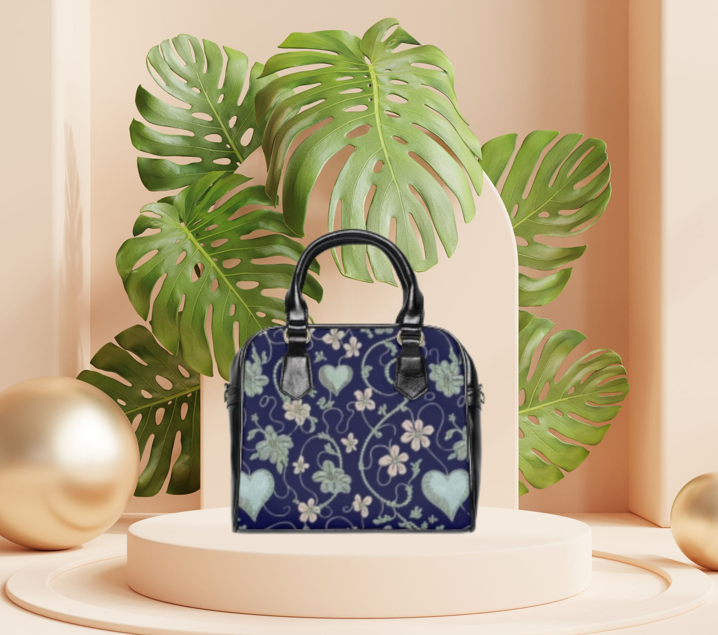 Floral Heart Print Tote Bag - Stylish Navy Shoulder Handbag for Women, Chic Fashion Satchel - G-NIA BOUTIQUE