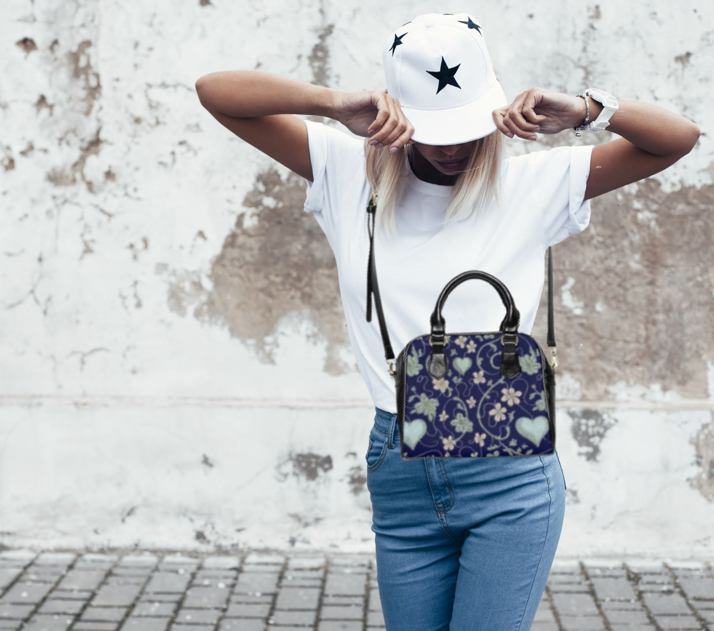 Floral Heart Print Tote Bag - Stylish Navy Shoulder Handbag for Women, Chic Fashion Satchel - G-NIA BOUTIQUE