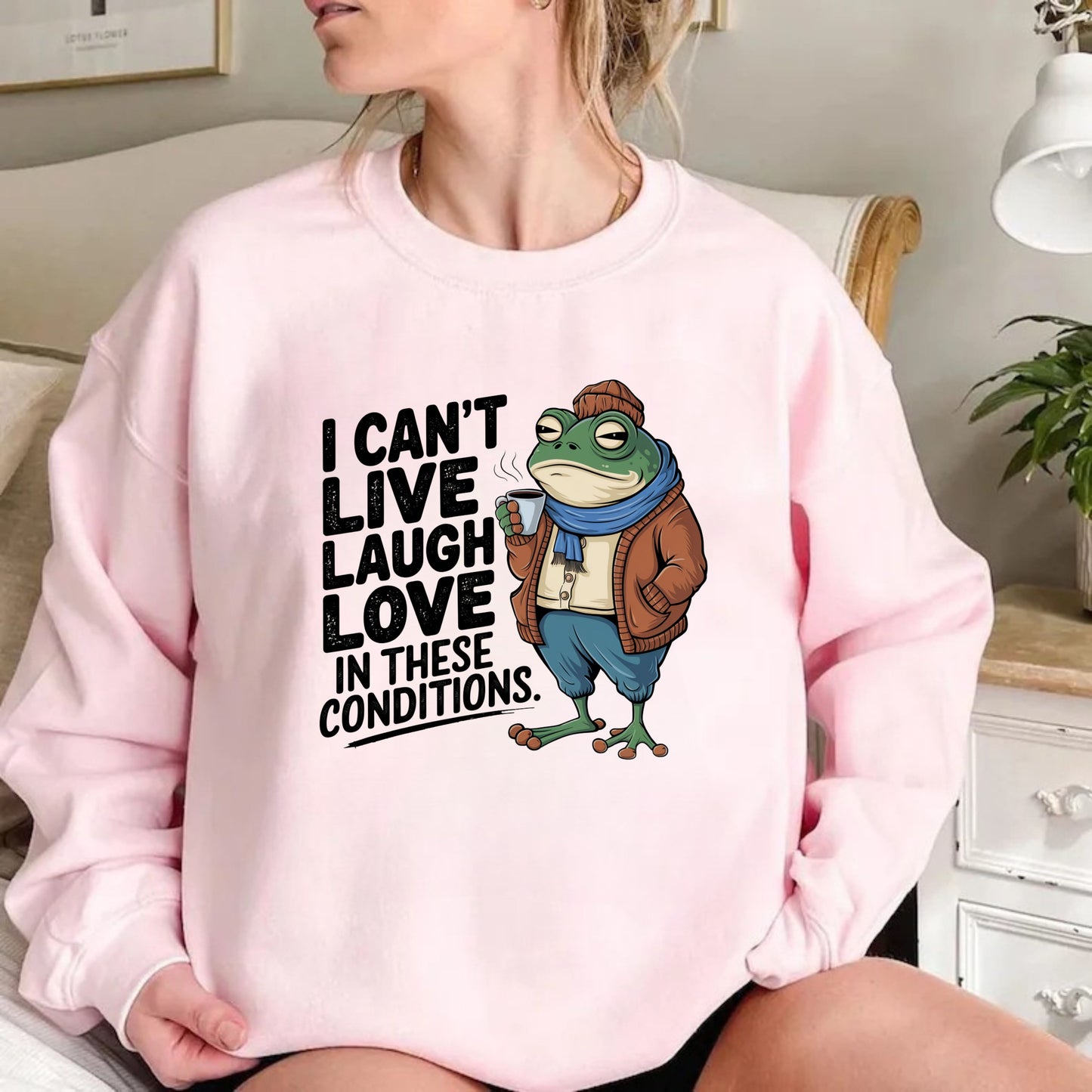 Funny Sarcastic Sweatshirt for Gen Z - I Can't Live, Laugh, Love in These Conditions Pullover