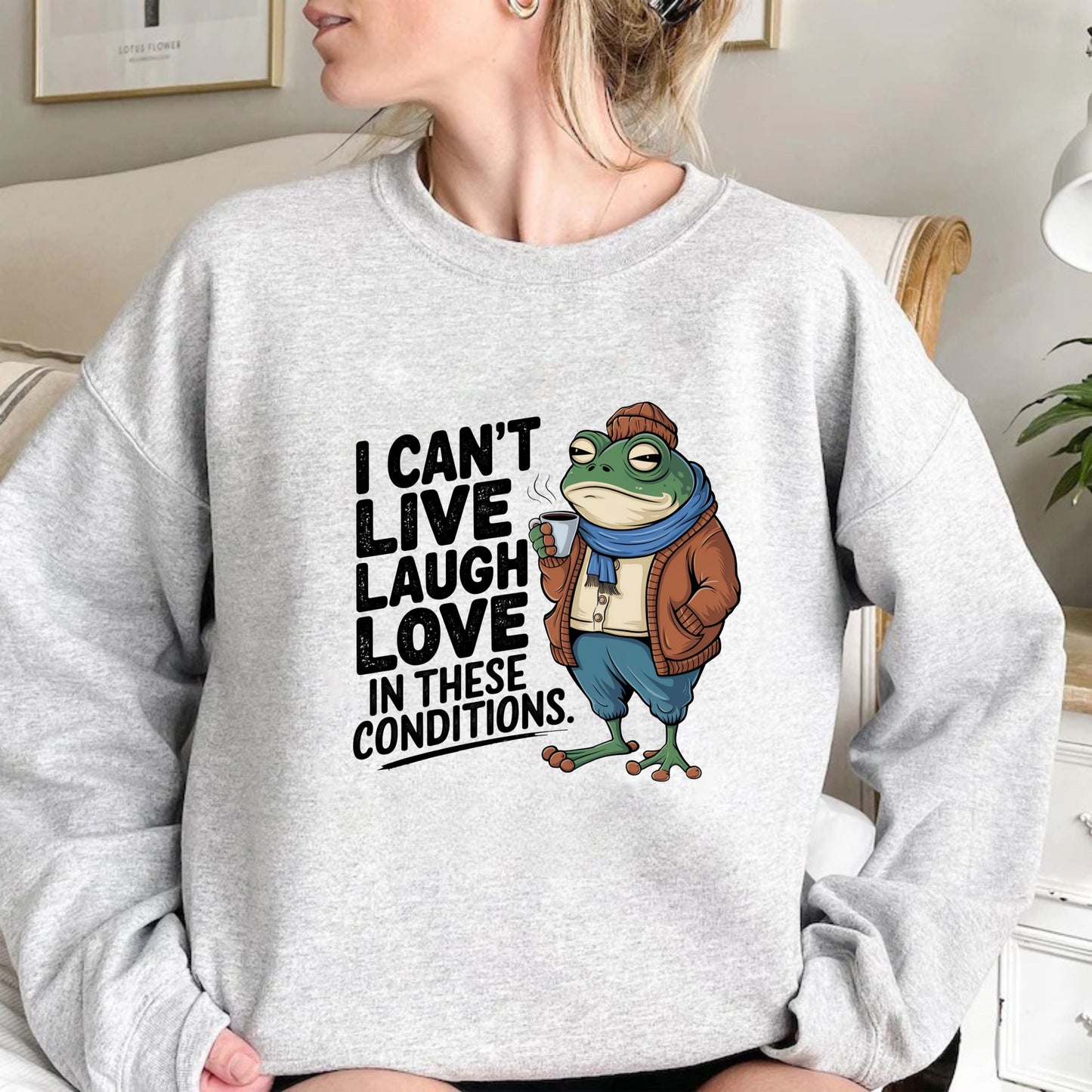 Funny Sarcastic Sweatshirt for Gen Z - I Can't Live, Laugh, Love in These Conditions Pullover