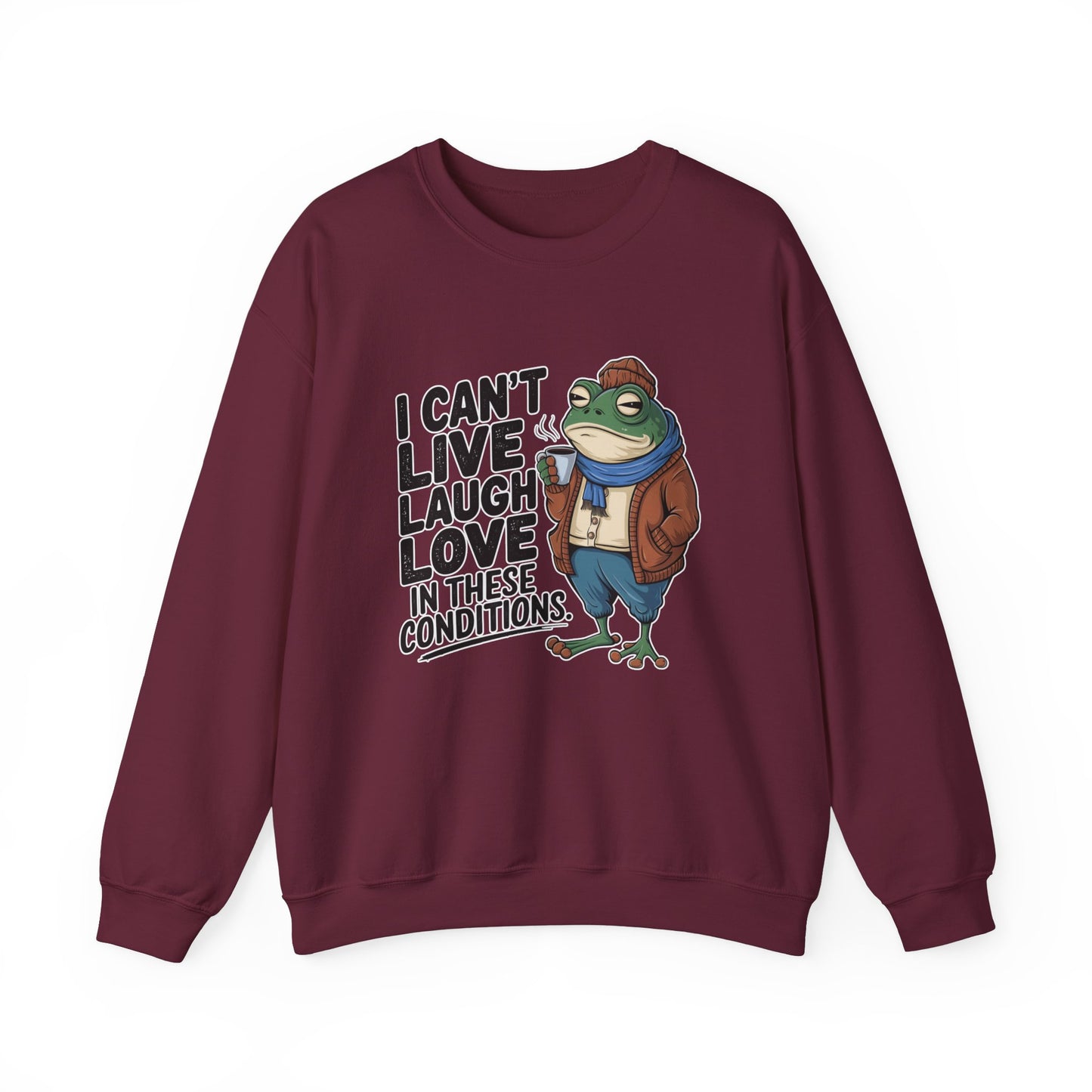 Funny Sarcastic Sweatshirt for Gen Z - I Can't Live, Laugh, Love in These Conditions Pullover