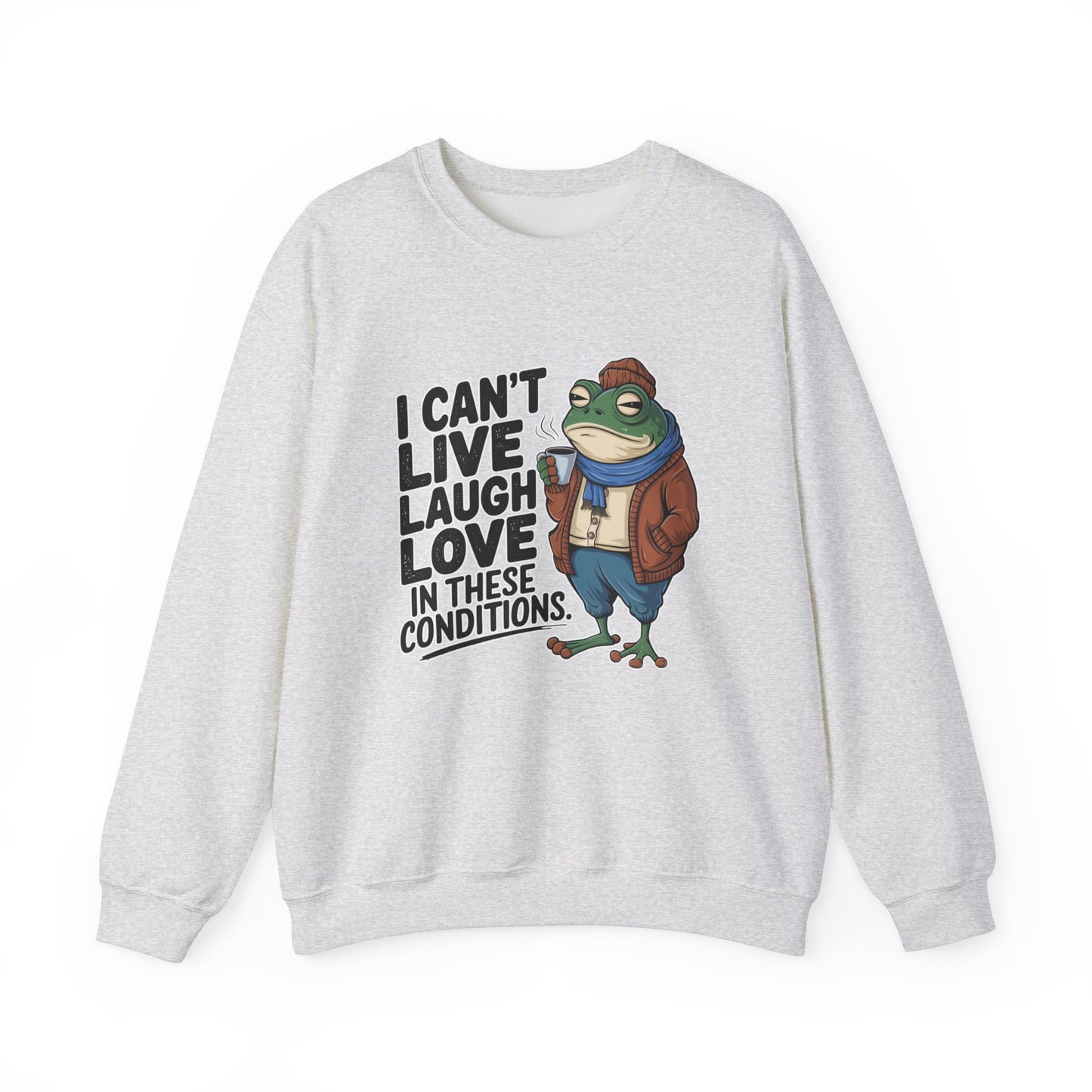 Funny Sarcastic Sweatshirt for Gen Z - I Can't Live, Laugh, Love in These Conditions Pullover