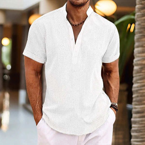 | Cotton-linen men's shirt | Stand collar summer shirt | Short sleeve casual shirt | Men's breathable linen top | Half cardigan style shirt | Lightweight men’s fashion | Relaxed summer shirt |
