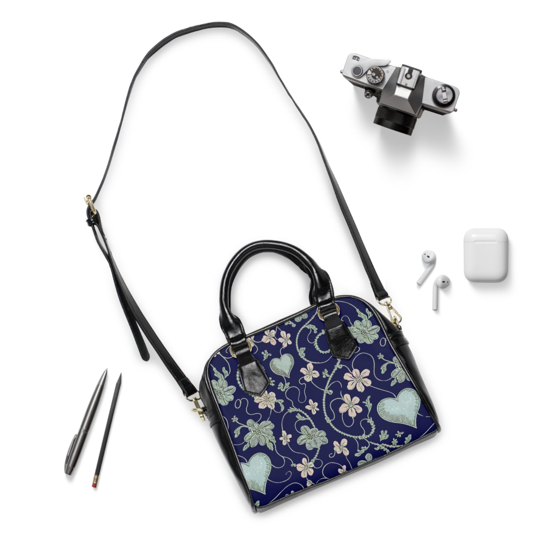 Floral Heart Print Tote Bag - Stylish Navy Shoulder Handbag for Women, Chic Fashion Satchel - G-NIA BOUTIQUE