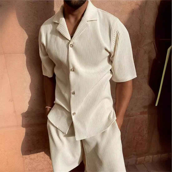 Corduroy Casual Polo Collar Sports Men's Solid Color T-shirt Shorts Set
