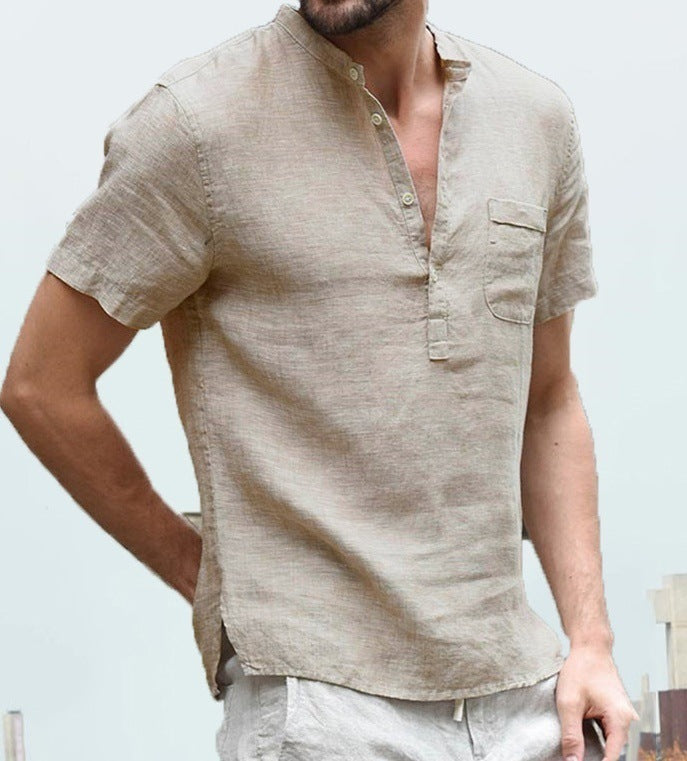 Casual Linen Solid Color Shirt Button V Neck Beach Shirt Men Summer Tops - G-NIA BOUTIQUE