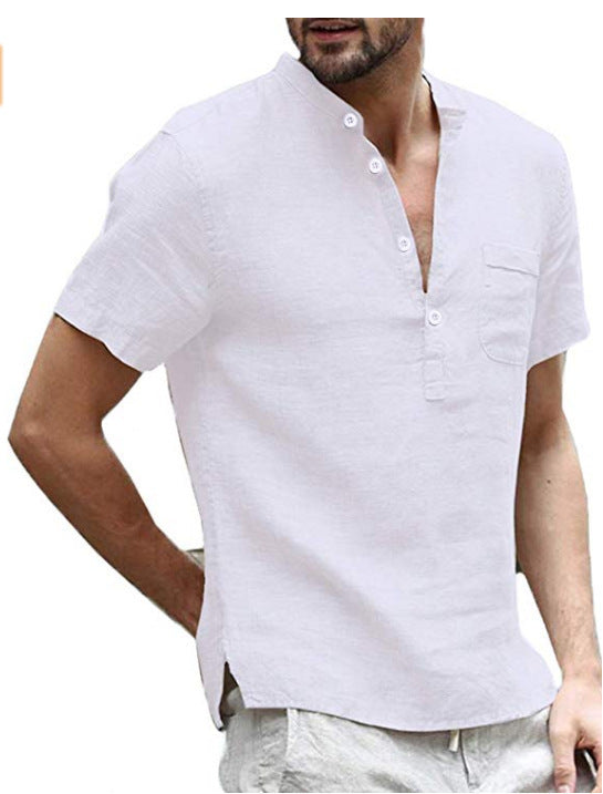 Casual Linen Solid Color Shirt Button V Neck Beach Shirt Men Summer Tops - G-NIA BOUTIQUE