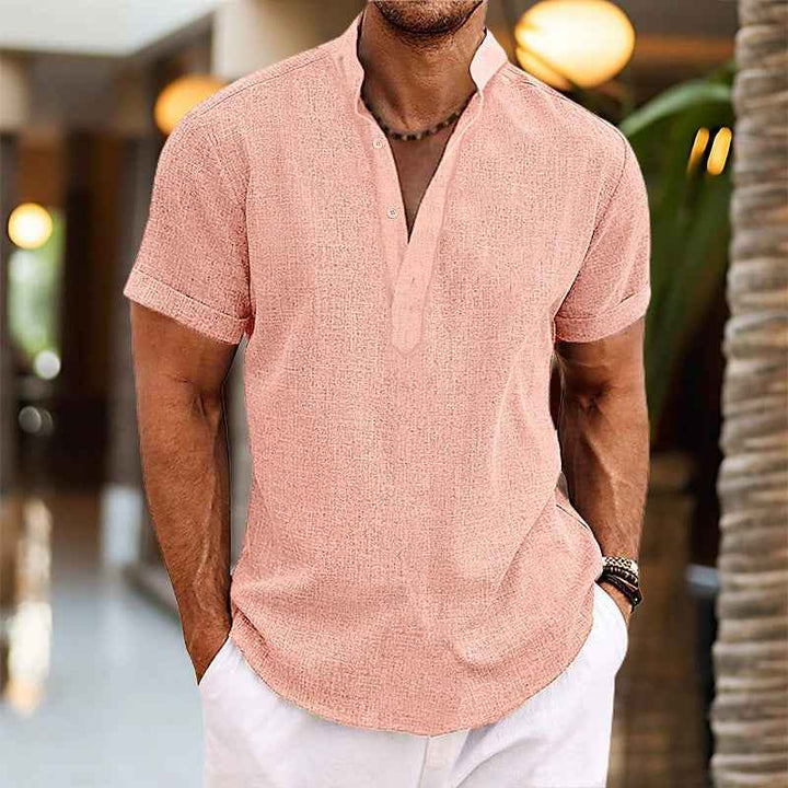 | Cotton-linen men's shirt | Stand collar summer shirt | Short sleeve casual shirt | Men's breathable linen top | Half cardigan style shirt | Lightweight men’s fashion | Relaxed summer shirt |