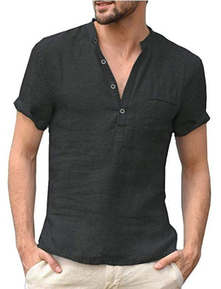 Casual Linen Solid Color Shirt Button V Neck Beach Shirt Men Summer Tops - G-NIA BOUTIQUE