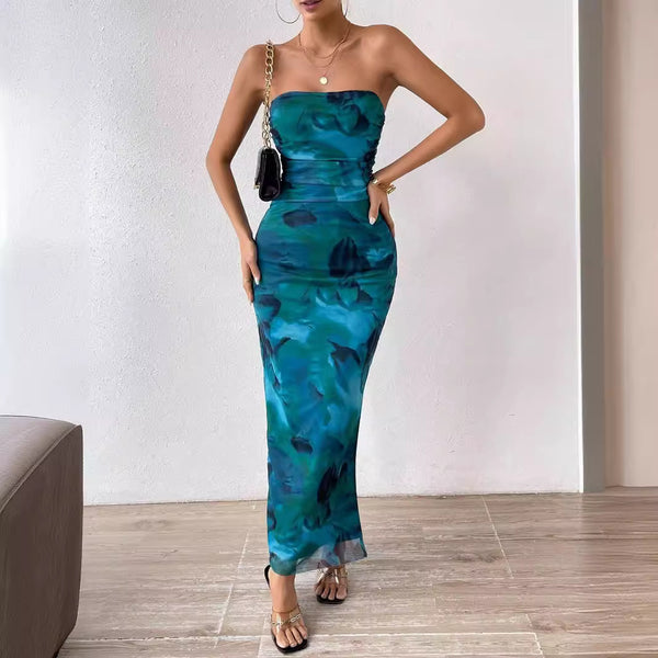 Mesh Floral Pleated Sexy Tight Split Strapless Tube Top Dress - G-NIA BOUTIQUE
