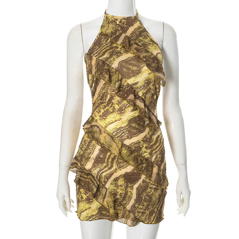 Female Fashion Neck Hanging Slim Fit Ruffle Edge Dress