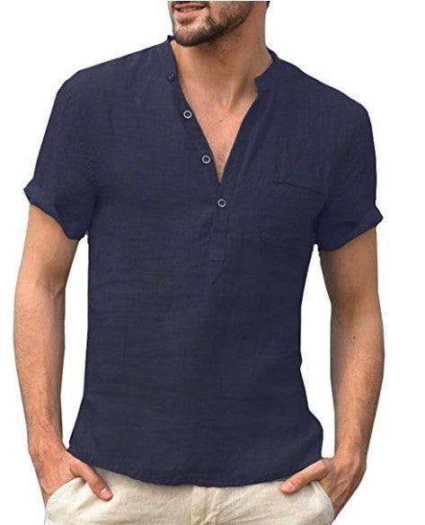 Casual Linen Solid Color Shirt Button V Neck Beach Shirt Men Summer Tops - G-NIA BOUTIQUE