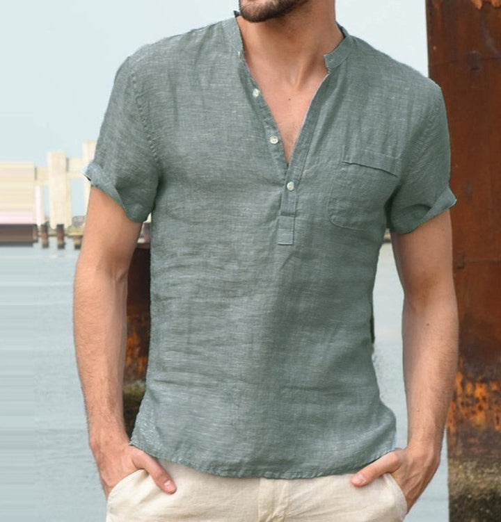 Casual Linen Solid Color Shirt Button V Neck Beach Shirt Men Summer Tops - G-NIA BOUTIQUE